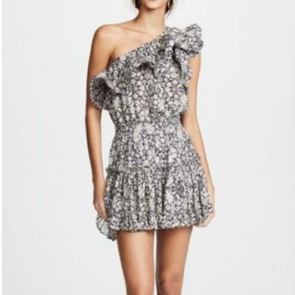 MISA Los Angeles Josefine One-Shoulder Ruffle Mini Dress Black White Floral M